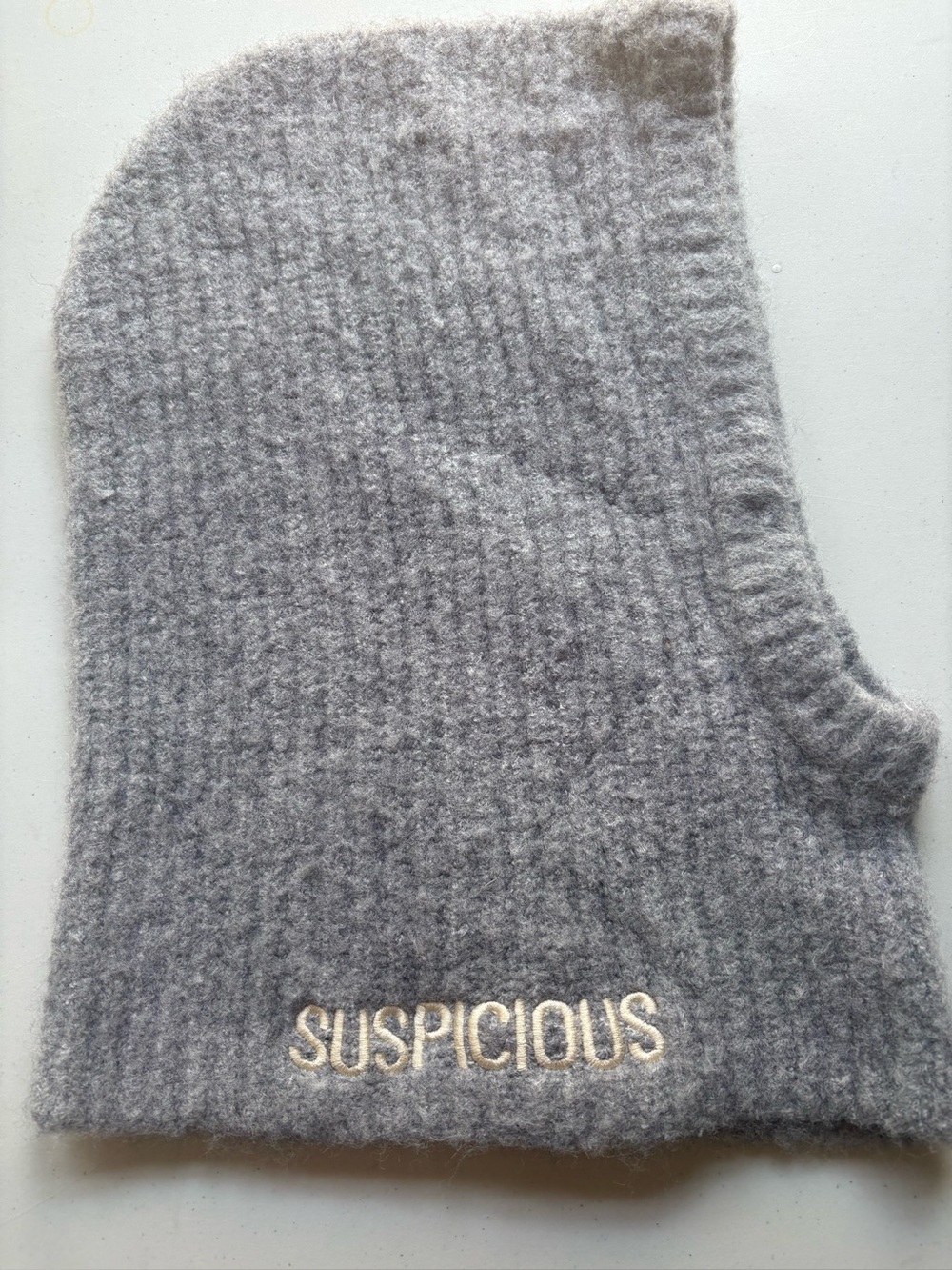 Men's Gray Knit Cashmere Balaclava with 'SUSPICIOUS' Embroidery